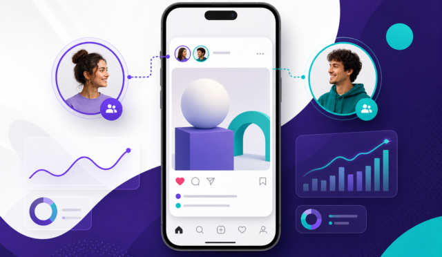 Instagram ortak gönderi daveti ve iki hesabın aynı içerikte görünmesini anlatan TRMedya görseli