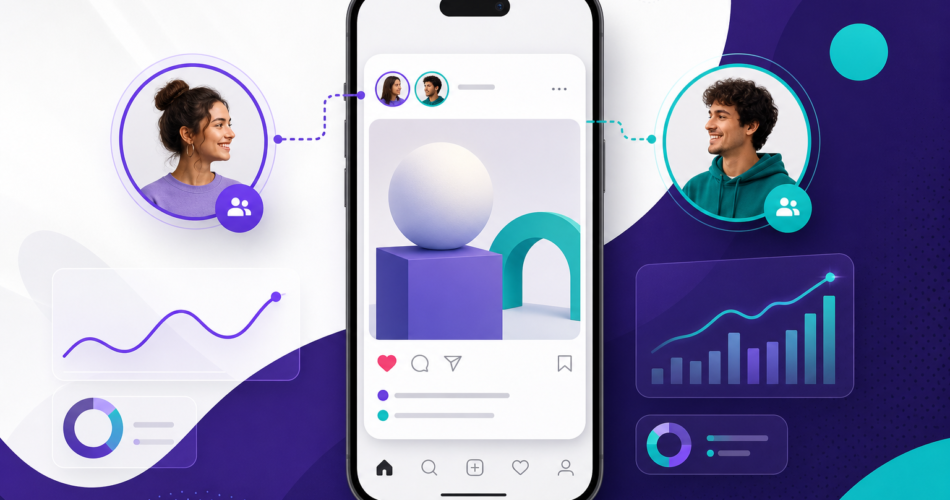 Instagram ortak gönderi daveti ve iki hesabın aynı içerikte görünmesini anlatan TRMedya görseli