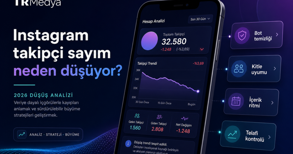 Instagram takipçi sayısı düşüş analizi için bot temizliği, kitle uyumu, içerik ritmi ve telafi kontrolü görseli